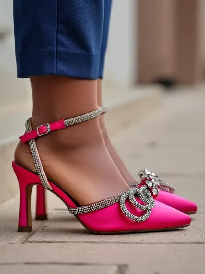 Buty Na Wielkie Wyjście^Royalfashion Czółenka damskie bez pięty z paseczkami z cyrkonii Erontes Fuksjowy