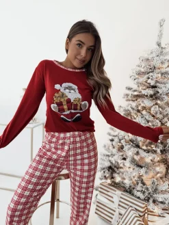 Piżamy^Royalfashion Czerwona damska piżama ze świątecznym wzorem czerwony