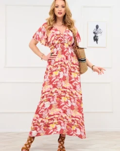 Sukienki Letnie|Sukienki Długie^Royalfashion Czerwona damska długa sukienka z modnym wzorem czerwony