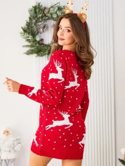 Sukienki Krótkie^Royalfashion Czerwona damska sukienka w swetrowym stylu ze świątecznym printem czerwony