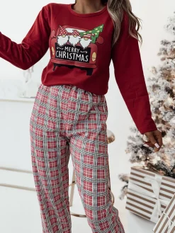 Piżamy^Royalfashion Czerwona świąteczna damska 2-częściowa piżama
