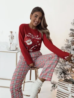 Piżamy^Royalfashion Czerwona świąteczna damska 2-częściowa piżama