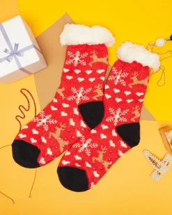 Skarpetki^Royalfashion Czerwone damskie skarpetki ze świątecznym wzorem