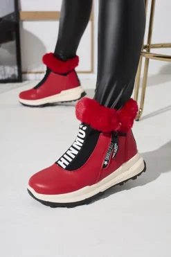 Botki Z Delikatnym Ociepleniem|Botki Na Płaskim Obcasie^Royalfashion Czerwone damskie ocieplane botki z futerkiem Scherr czerwony