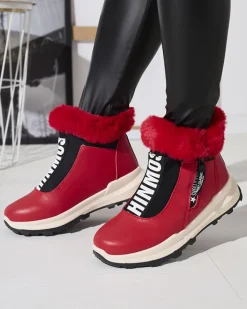 Botki Z Delikatnym Ociepleniem|Botki Na Płaskim Obcasie^Royalfashion Czerwone damskie ocieplane botki z futerkiem Scherr czerwony