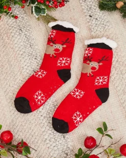 Skarpetki^Royalfashion Czerwone damskie skarpetki ze świątecznym wzorem