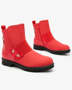 Botki Z Delikatnym Ociepleniem|Botki Na Płaskim Obcasie^Royalfashion Czerwone matowe botki damskie Setipfa czerwony