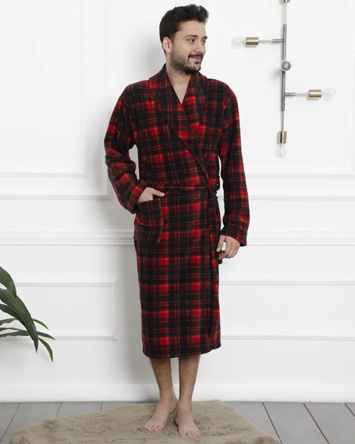 Szlafroki^Royalfashion Czerwono - czarny męski szlafrok w kratę