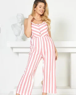 Kombinezony^Royalfashion Czerwono- biały długi kombinezon damski w paski czerwony