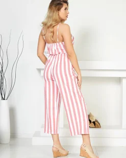 Kombinezony^Royalfashion Czerwono- biały długi kombinezon damski w paski czerwony