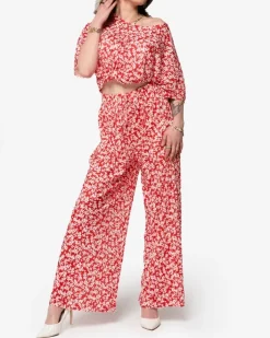 Komplety Damskie^Royalfashion damski plisowany komplet w kwiatki czerwony