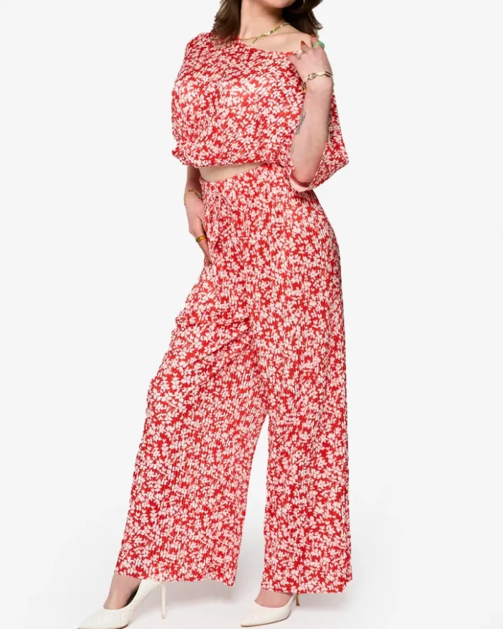 Komplety Damskie^Royalfashion damski plisowany komplet w kwiatki czerwony