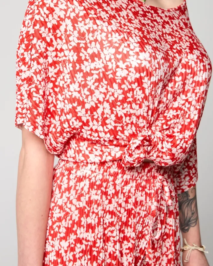 Komplety Damskie^Royalfashion damski plisowany komplet w kwiatki czerwony