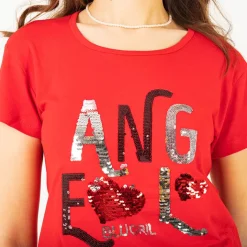 Bluzki / Koszule / Koszulki^Royalfashion damski t-shirt z napisem z cekinów czerwony