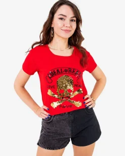 Bluzki / Koszule / Koszulki^Royalfashion damski t-shirt z cekinami i napisami czerwony