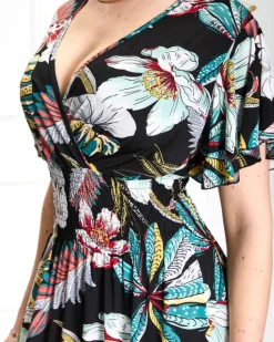 Sukienki Długie|Plus Size^Royalfashion Damska czarma sukienka midi w kwiaty czarny