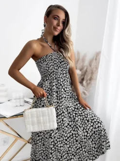 Sukienki Letnie|Sukienki Długie^Royalfashion Damska czarna sukienka midi kwiaty czarny