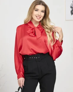 Bluzki / Koszule / Koszulki^Royalfashion Damska czerwona długa satynowa bluzka z wiązaniem czerwony