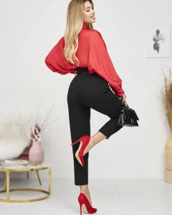 Bluzki / Koszule / Koszulki^Royalfashion Damska czerwona długa satynowa bluzka z wiązaniem czerwony