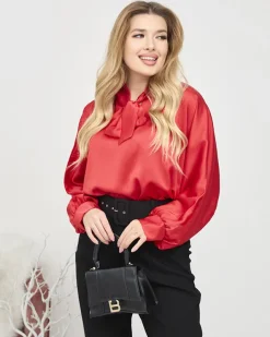 Bluzki / Koszule / Koszulki^Royalfashion Damska czerwona długa satynowa bluzka z wiązaniem czerwony
