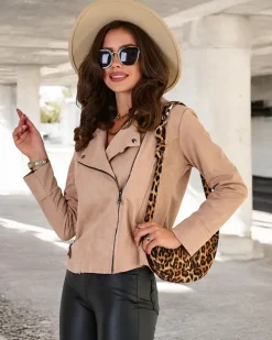 Kurtki / Marynarki / Płaszcze^Royalfashion Damska kurtka typu ramoneska z eko-zamszu z kieszeniami jasny brązowy