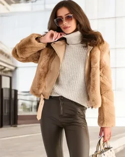 Kurtki / Marynarki / Płaszcze^Royalfashion Damska kurtka typu ramoneska z eko skóra z futerkiem Camel