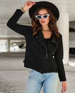 Kurtki / Marynarki / Płaszcze^Royalfashion Damska kurtka typu ramoneska z eko-zamszu z kieszeniami czarny