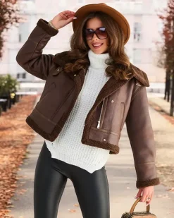 Kurtki / Marynarki / Płaszcze^Royalfashion Damska kurtka typu biker Ciemnobrązowy