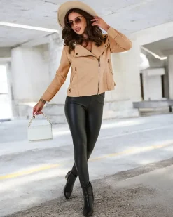 Kurtki / Marynarki / Płaszcze^Royalfashion Damska kurtka typu ramoneska z eko-zamszu z kieszeniami jasny brązowy