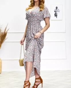 Sukienki Letnie|Sukienki Długie^Royalfashion Damska kwiecista sukienka midi w niebiesko-pomarańczowym kolorze Wielokolorowe