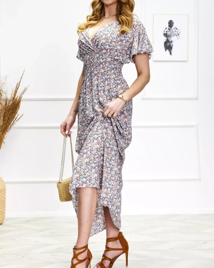 Sukienki Letnie|Sukienki Długie^Royalfashion Damska kwiecista sukienka midi w niebiesko-pomarańczowym kolorze Wielokolorowe