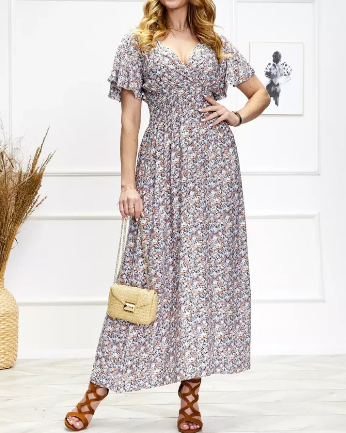 Sukienki Letnie|Sukienki Długie^Royalfashion Damska kwiecista sukienka midi w niebiesko-pomarańczowym kolorze Wielokolorowe