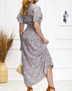 Sukienki Letnie|Sukienki Długie^Royalfashion Damska kwiecista sukienka midi w niebiesko-pomarańczowym kolorze Wielokolorowe