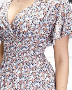 Sukienki Letnie|Sukienki Długie^Royalfashion Damska kwiecista sukienka midi w niebiesko-pomarańczowym kolorze Wielokolorowe