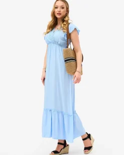 Sukienki Letnie|Sukienki Długie^Royalfashion Damska niebieska długa sukienka z koronką Ecru