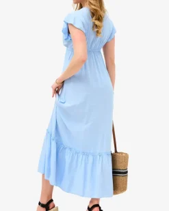 Sukienki Letnie|Sukienki Długie^Royalfashion Damska niebieska długa sukienka z koronką Ecru