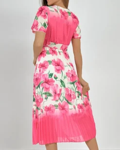 Sukienki Długie^Royalfashion Damska plisowana sukienka midi w kwiaty różowy