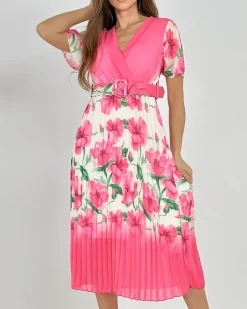 Sukienki Długie^Royalfashion Damska plisowana sukienka midi w kwiaty różowy