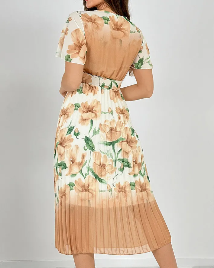 Sukienki Długie^Royalfashion Damska plisowana sukienka midi w kwiaty beżowy