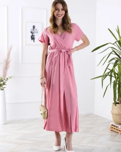 Sukienki Letnie|Sukienki Długie^Royalfashion Damska różowa długa sukienka z rozcięciem różowy