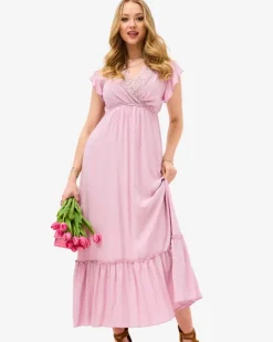 Sukienki Letnie|Sukienki Długie^Royalfashion Damska różowa długa sukienka z koronką różowy