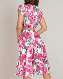 Sukienki Letnie|Sukienki Długie^Royalfashion Damska sukienka midiw kwiaty Fuksjowy