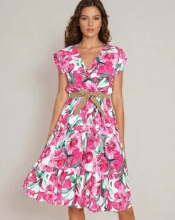 Sukienki Letnie|Sukienki Długie^Royalfashion Damska sukienka midiw kwiaty Fuksjowy