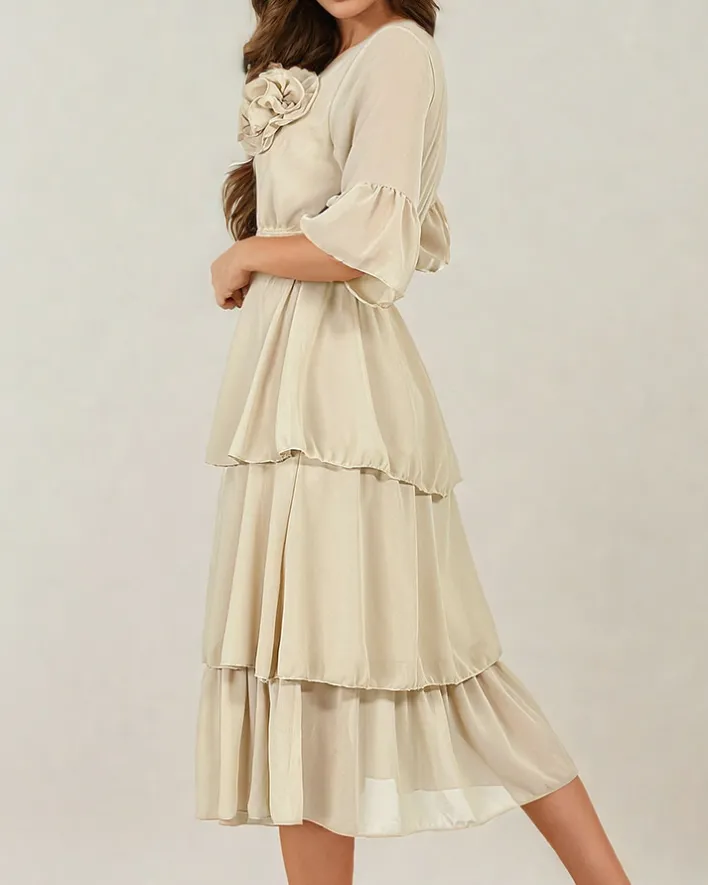 Sukienki Długie^Royalfashion Damska sukienka midi z falbankami beżowy