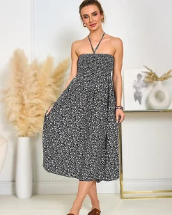 Sukienki Letnie|Sukienki Krótkie^Royalfashion Damska sukienka midi w kwiaty czarny