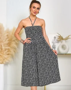 Sukienki Letnie|Sukienki Krótkie^Royalfashion Damska sukienka midi w kwiaty czarny