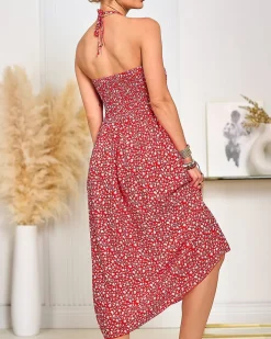 Sukienki Letnie|Sukienki Krótkie^Royalfashion Damska sukienka midi w kwiaty czerwony