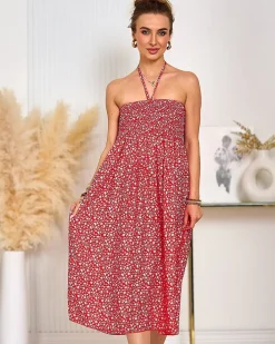 Sukienki Letnie|Sukienki Krótkie^Royalfashion Damska sukienka midi w kwiaty czerwony