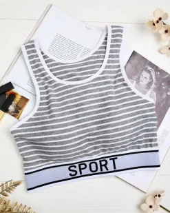 Sportowe^Royalfashion Damski biustonosz sportowy w paski gołębi szary