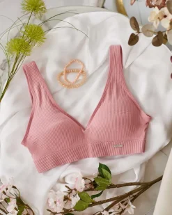 Sportowe^Royalfashion Damski biustonosz sportowy prążkowany różowy